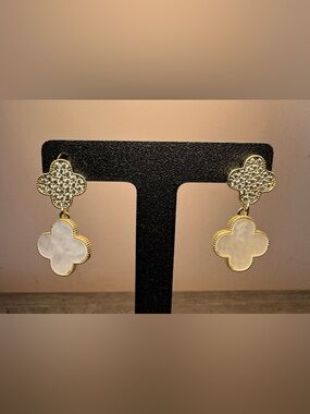 Adina Eden Clover Drop Earrings with White Mother-of-Pearl and Pave